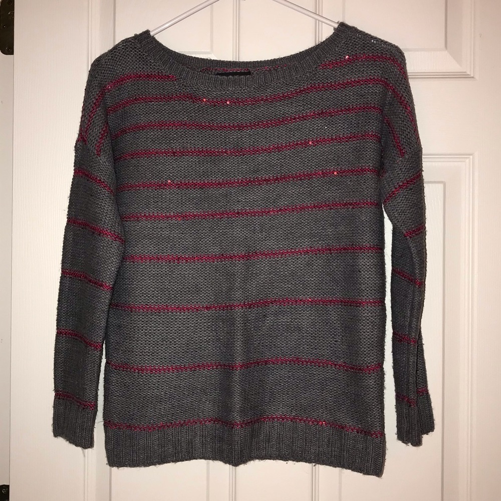 a.n.a gray and red sparkle striped sweater